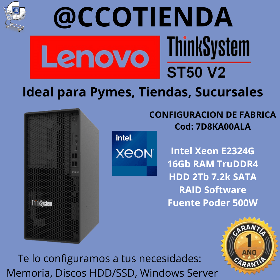 Servidor Lenovo ThinkSystem ST50 V2, Xeon E-2324G, 16Gb, 2TB x 1 HDD, 500W, Cod: 7D8KA00ALA